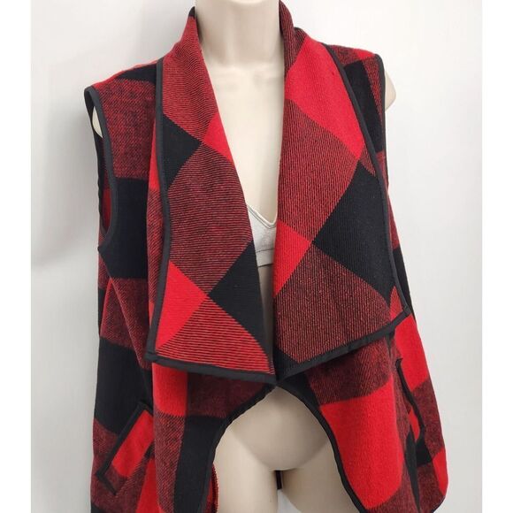 Open Sweater Vest Women's Size Large Buffalo Plaid Pockets Wide Lapel - Picture 8 of 13